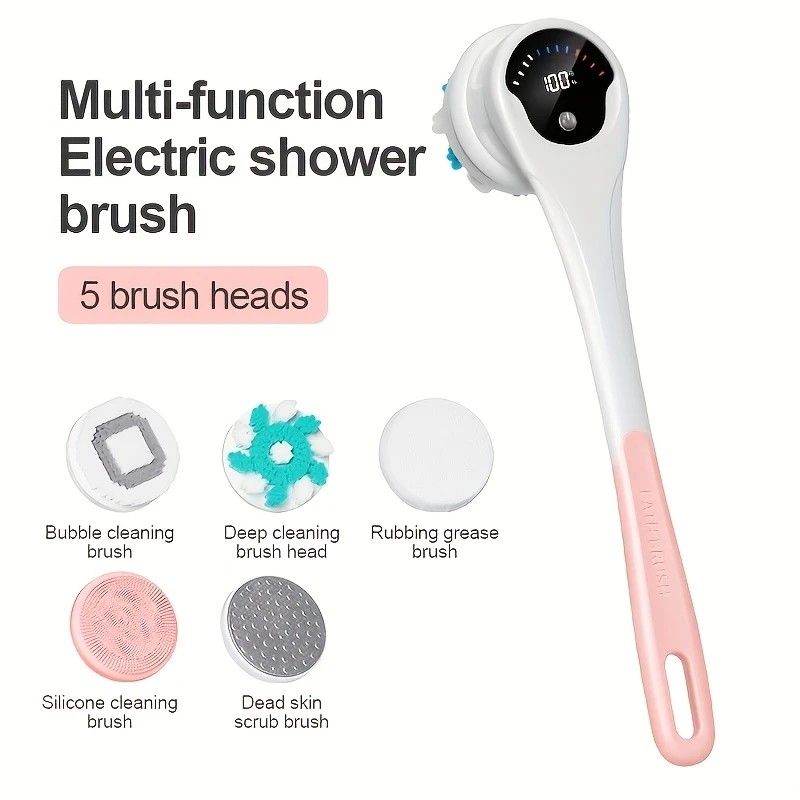 Multi-Function Electric Body Brush: 360° Rotation, Auto-Cleaning, 5 Brush Heads, 3-Speed Adjustment, Wet & Dry Use for Home Spa Experience.pink