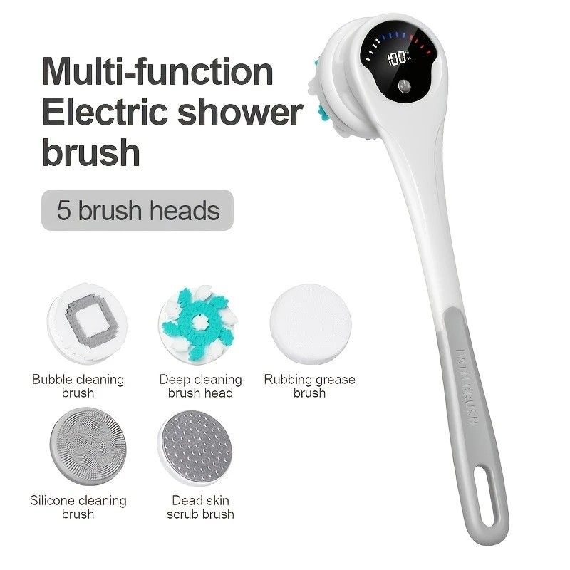 Multi-Function Electric Body Brush: 360° Rotation, Auto-Cleaning, 5 Brush Heads, 3-Speed Adjustment, Wet & Dry Use for Home Spa Experience.GREY