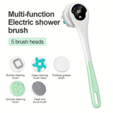 Multi-Function Electric Body Brush: 360° Rotation, Auto-Cleaning, 5 Brush Heads, 3-Speed Adjustment, Wet & Dry Use for Home Spa Experience.GREEN