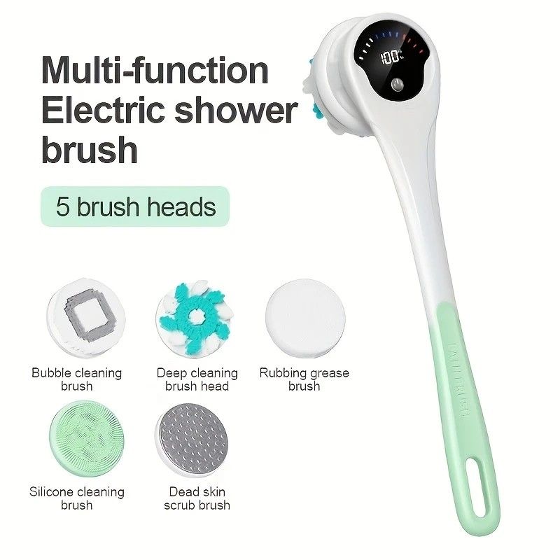 Multi-Function Electric Body Brush: 360° Rotation, Auto-Cleaning, 5 Brush Heads, 3-Speed Adjustment, Wet & Dry Use for Home Spa Experience.GREEN