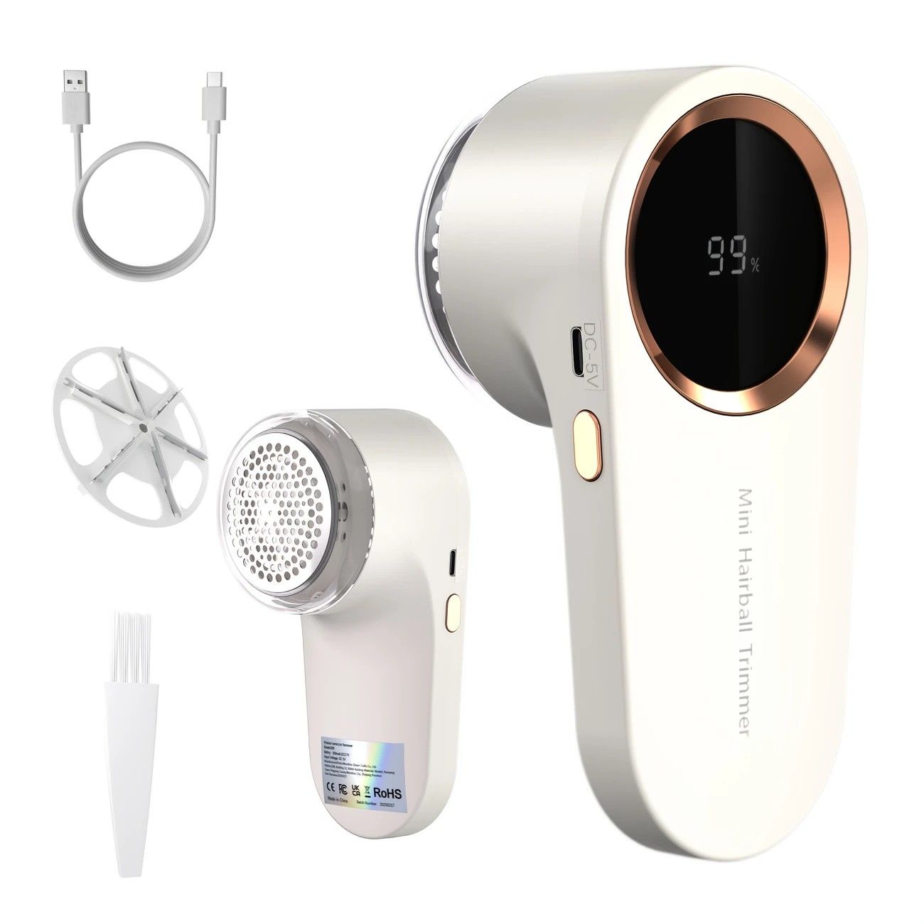 USB rechargeable fabric shaver, digital display portable design, long-lasting battery for home and travel, easily removes pills from clothes and socks.(WHITE)