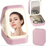Portable 3-Light LED Makeup Mirror with Organizer – Travel Vanity Case, Rechargeable Touch Control Makeup Box for Home & Travel(pink)