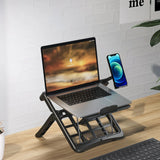Adjustable laptop stand, designed for 17.3-inch laptops, a portable stand that allows for height adjustment on the desk, and comes with a dedicated phone holder.