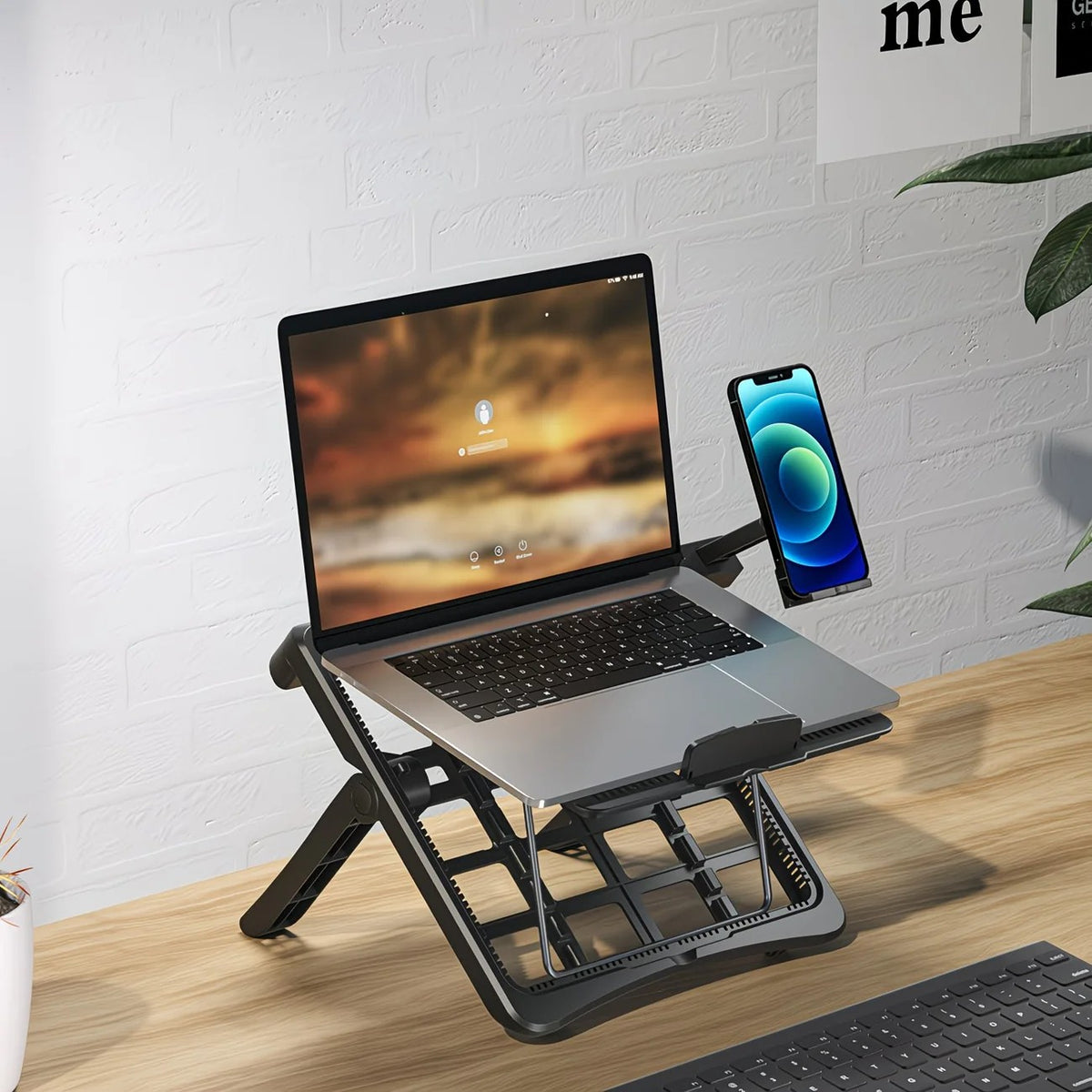 Adjustable laptop stand, designed for 17.3-inch laptops, a portable stand that allows for height adjustment on the desk, and comes with a dedicated phone holder.