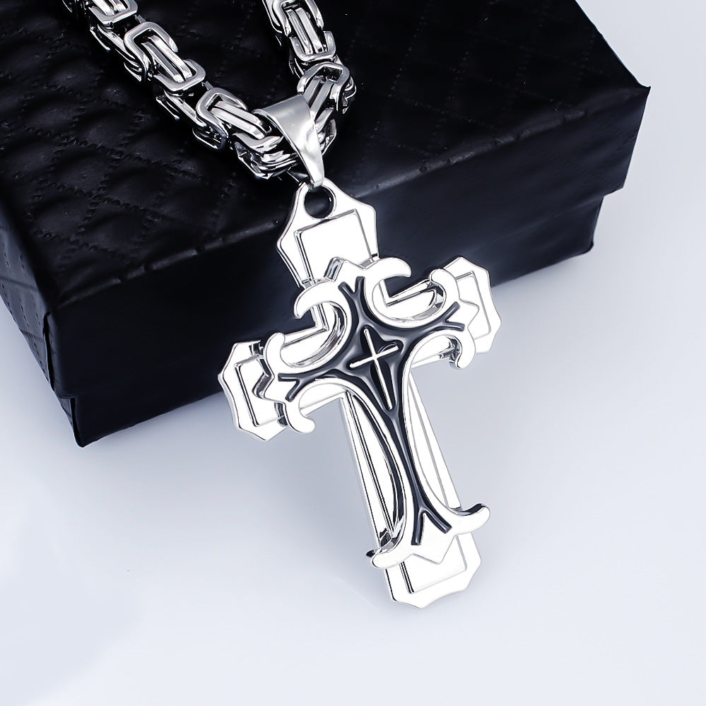 silver  Men's Vintage Flat Handmade Necklace with Multi-layered Stainless Steel Pendant Jewelry Accessory.