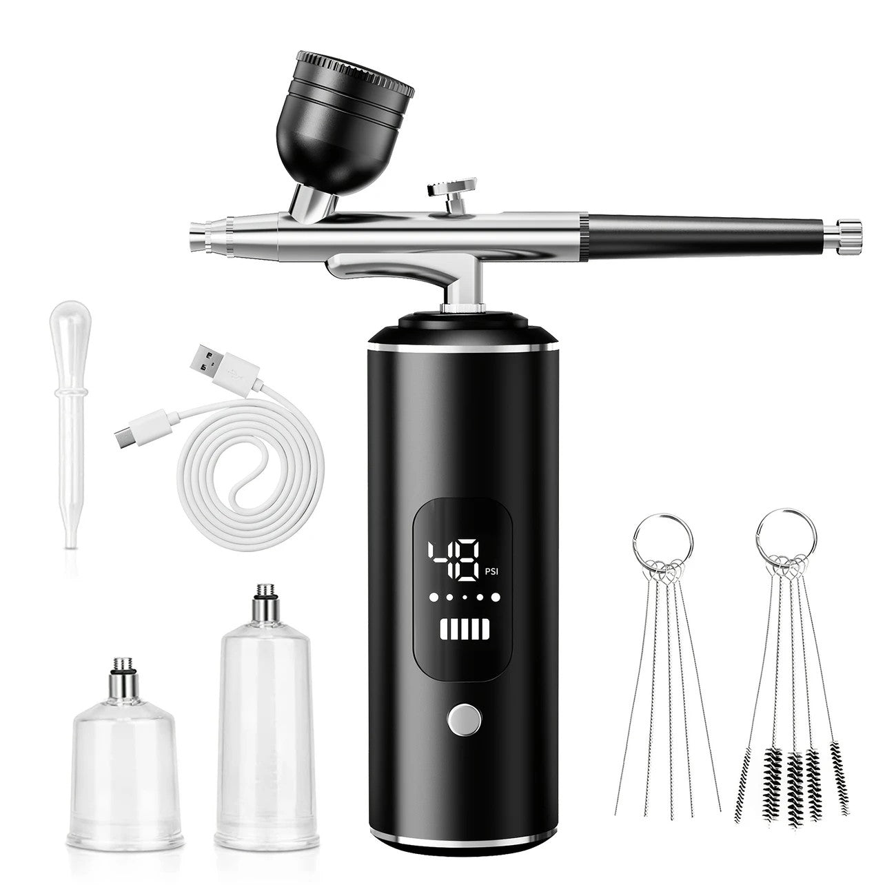Black Portable Wireless Airbrush Kit, ideal for nail art, painting, cake decoration, and makeup. Rechargeable design, perfect for both amateurs and professionals.