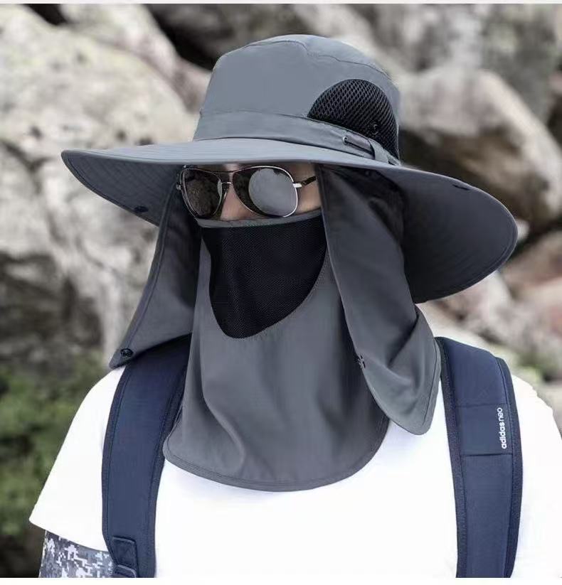grey，Extra Wide Fishing Hat with Detachable Sun Visor and Neck Guard - The Perfect Choice for Summer Fishing, Hiking, and Outdoor Activities