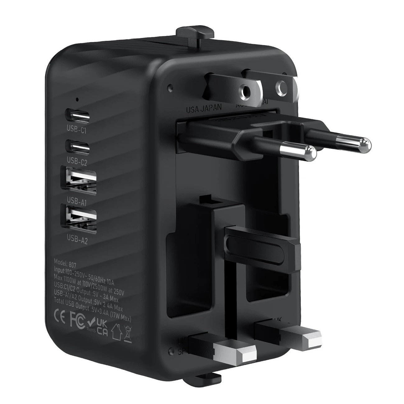 Universal Travel Adapter, Compatible with 200+ Countries, 4 USB Ports Fast Charging, Compact and Portable, Essential for Business Trips and Travel.black