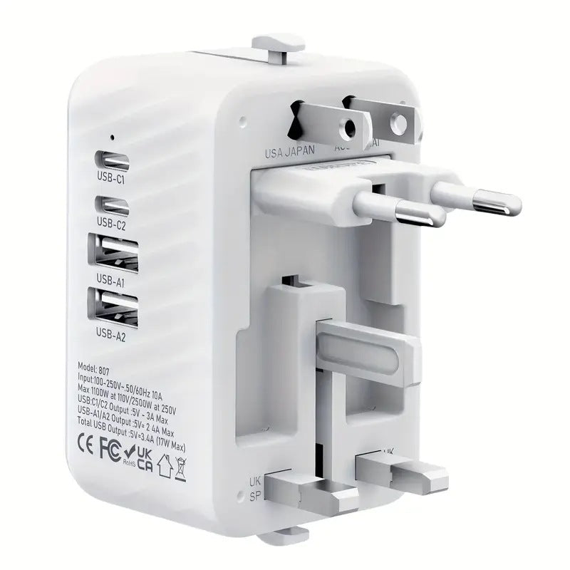 Universal Travel Adapter, Compatible with 200+ Countries, 4 USB Ports Fast Charging, Compact and Portable, Essential for Business Trips and Travel.WHITE