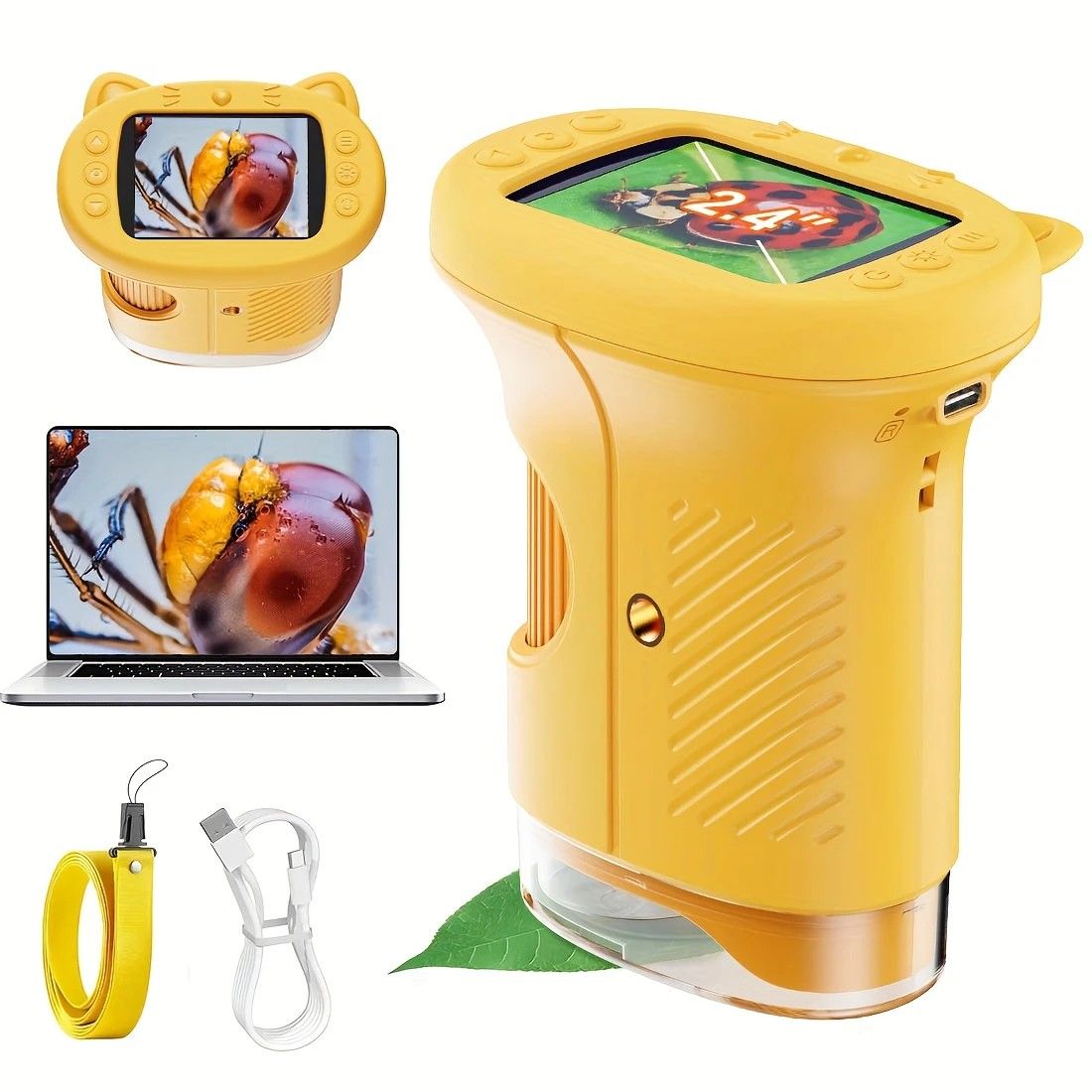 Children's 1000X Digital Microscope 2.4 Inch IPS Screen Portable Mini LED Microscope with Photo Video and PC Connection Science Educational Toy.YELLOW