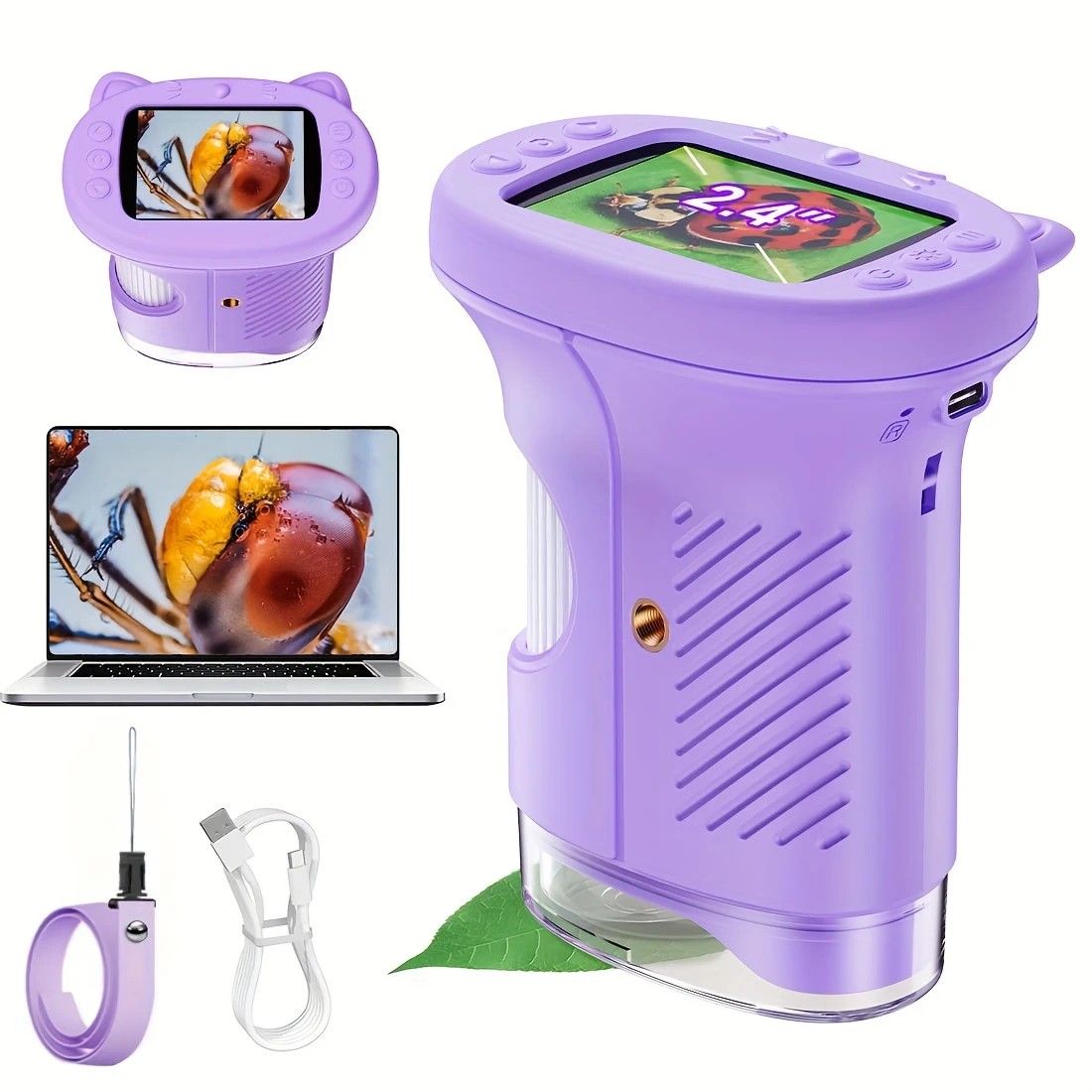 Children's 1000X Digital Microscope 2.4 Inch IPS Screen Portable Mini LED Microscope with Photo Video and PC Connection Science Educational Toy.purple