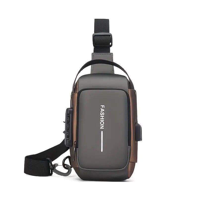 Honeycomb breathable men's chest bag: USB charging and password lock for safety and convenience, M/L sizes available, adjustable shoulder strap for pressure relief, essential item for travel.(Grey gold,L)