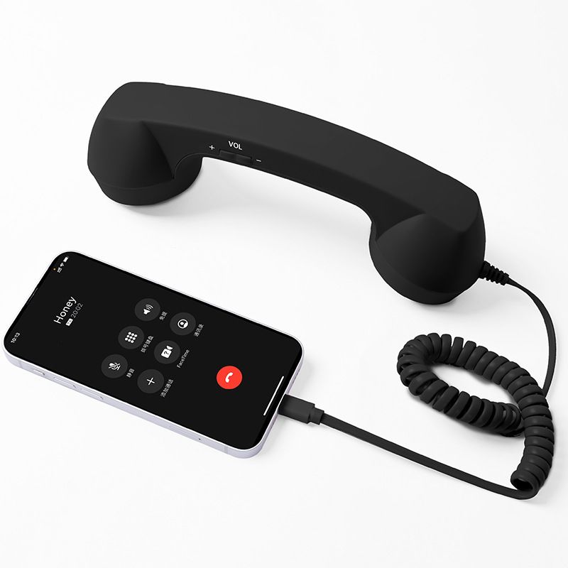 Retro mobile phone handset: Type-C plug-and-play, compatible with iPhone and Android, anti-radiation for ear protection, HD calls, a vintage desktop essential.black