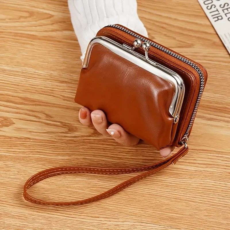 Vintage Leather Mini Bag, classic kiss-lock closure, multi-layer compartment storage, lightweight and portable, perfect for commuting and going out, an exquisite and elegant choice.(light brown)