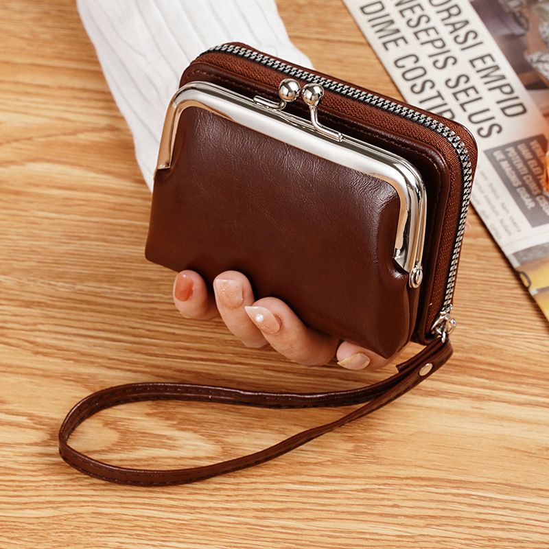 Vintage Leather Mini Bag, classic kiss-lock closure, multi-layer compartment storage, lightweight and portable, perfect for commuting and going out, an exquisite and elegant choice.(brown)