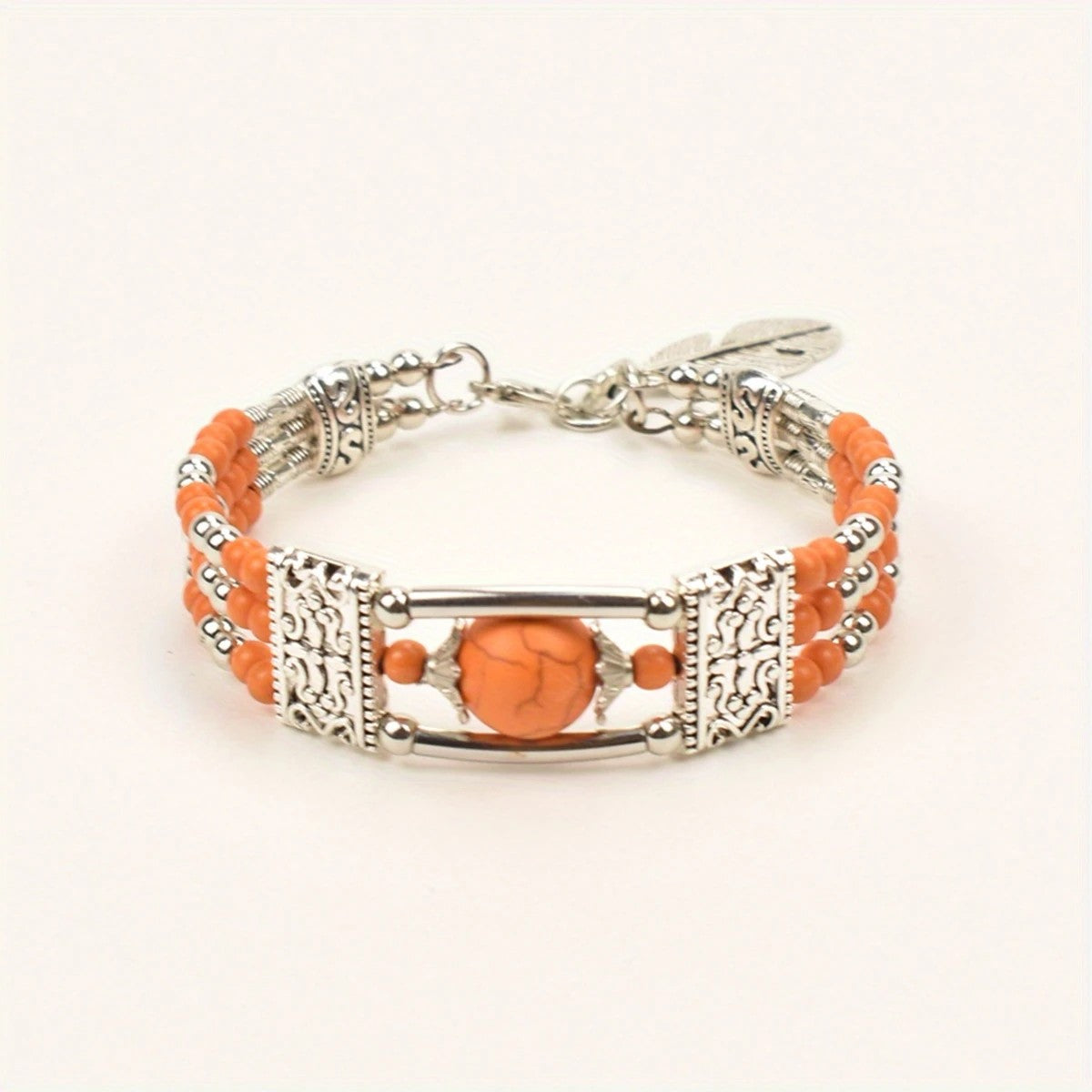 2pcs Ethnic-style Vintage Open Bracelet, Turquoise Beads with Silver Carved Accents, Bohemian Exotic Charm, a Personalized Accessory for Daily and Travel Wear.orange