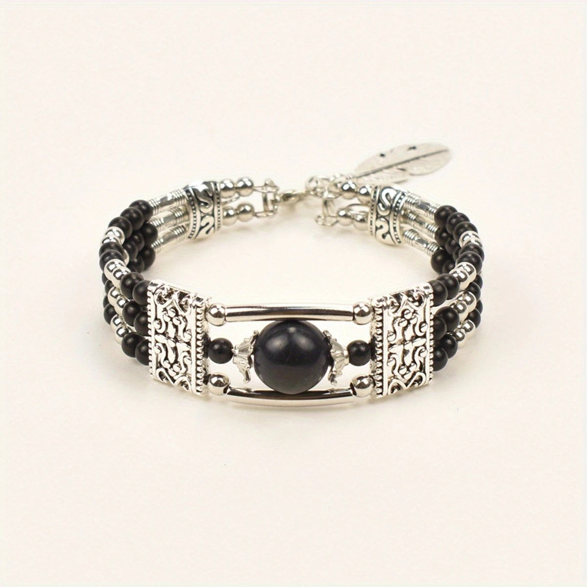 2pcs Ethnic-style Vintage Open Bracelet, Turquoise Beads with Silver Carved Accents, Bohemian Exotic Charm, a Personalized Accessory for Daily and Travel Wear.black