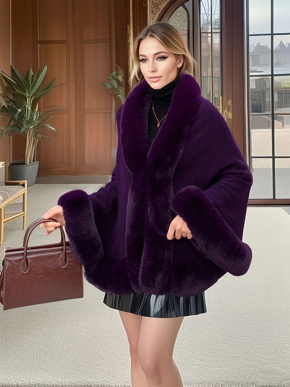 Imitation Mink Collar Knit Shawl: Autumn/Winter Retro Cape, Elegant, Versatile, and Flattering（purple）