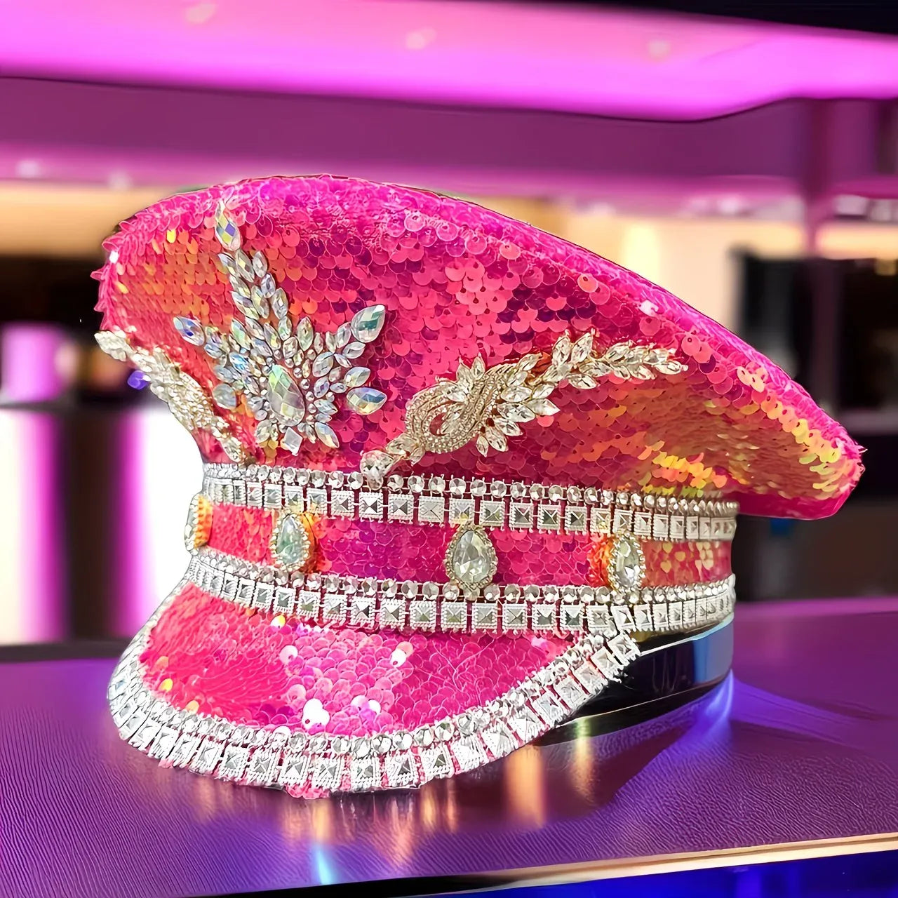 Sparkling Rhinestone Captain's Hat, Covered in Sequins, Adorned with Rhinestone Trim, Unisex and Versatile – Shines Bright at Parties and in Daily Wear.