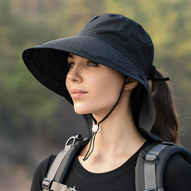 Black Fashion Wide Brim Sun Hat with Ponytail Hole - Bohemian Baseball Cap Design, Visor, Breathable Polyester