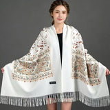 European-American Style Auspicious Embroidered Shawl Scarf, High-End Autumn & Winter Warm Outfit(WHITE)