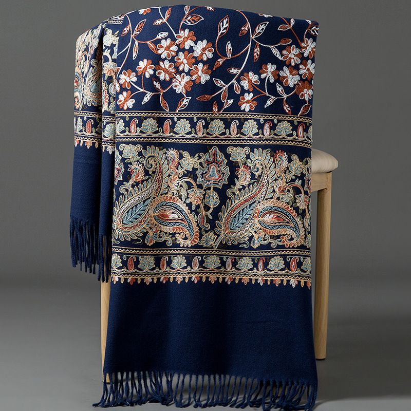 European-American Style Auspicious Embroidered Shawl Scarf, High-End Autumn & Winter Warm Outfit(navy blue)