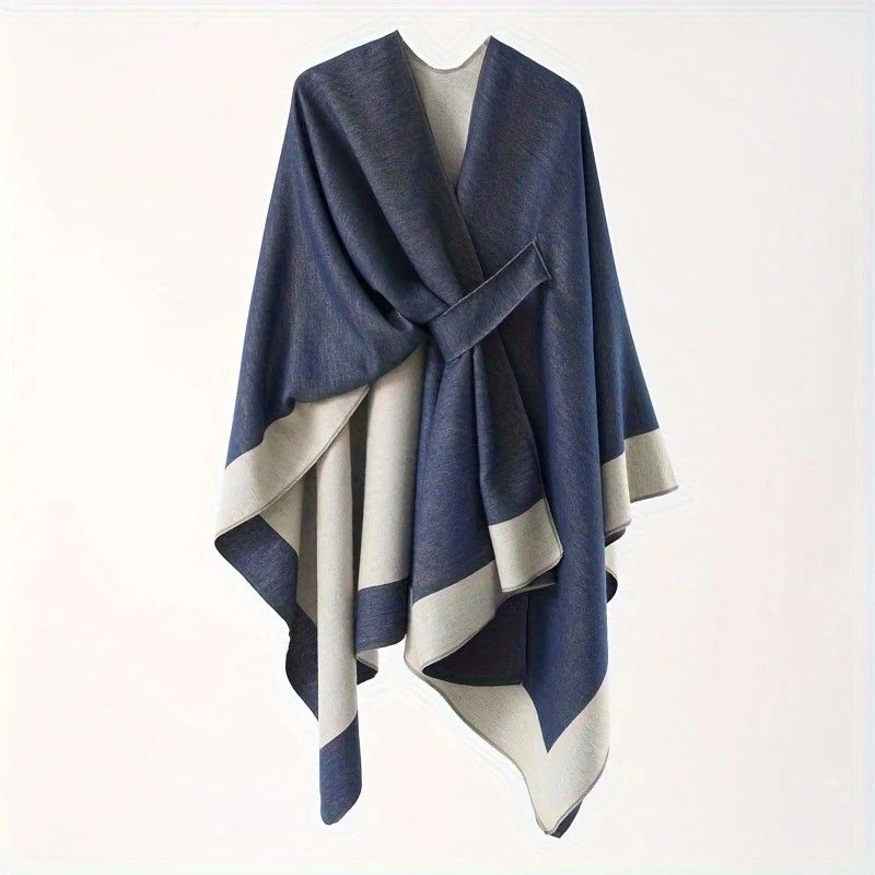 Solid Color Striped-Border Faux Cashmere Shawl Scarf, Minimalist Versatile Autumn Winter Warmth Elegant Accessory(navy blue)