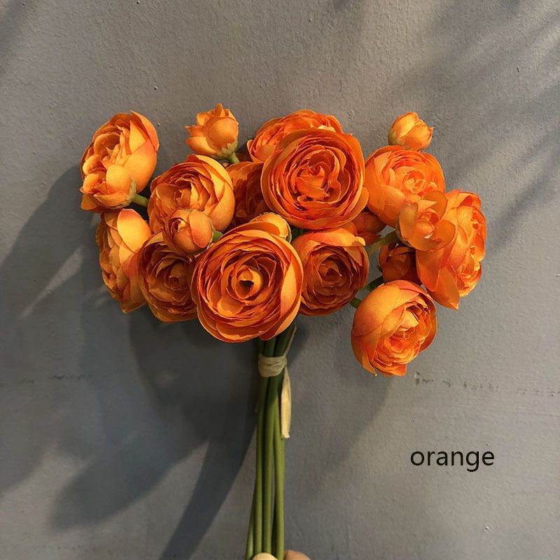 Simulated lotus lily bunched flowers, 6 stems per bunch 28cm long, realistic wrinkled petals in multiple colors, includes flower buds and large blooms, versatile decoration for weddings, home and DIY floral art.（orange)