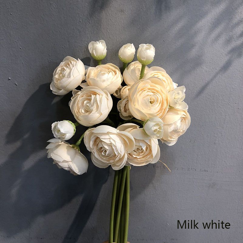 Simulated lotus lily bunched flowers, 6 stems per bunch 28cm long, realistic wrinkled petals in multiple colors, includes flower buds and large blooms, versatile decoration for weddings, home and DIY floral art.(Milk white)