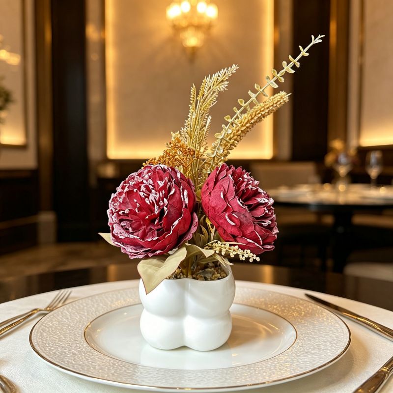 Light luxury simulated peony potted plant, handcrafted petals realistic and full, pumpkin planter round and versatile, no maintenance ready to display upon opening, brightens up new Chinese-style home spaces.(wine red)