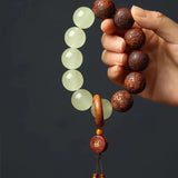 1pc Classic 12-bead 20mm Handmade Wooden Carved "Fu" Pendant Bracelet, Unisex Beaded Bracelet, Buddhist Mala Beads Prayer Bracelet