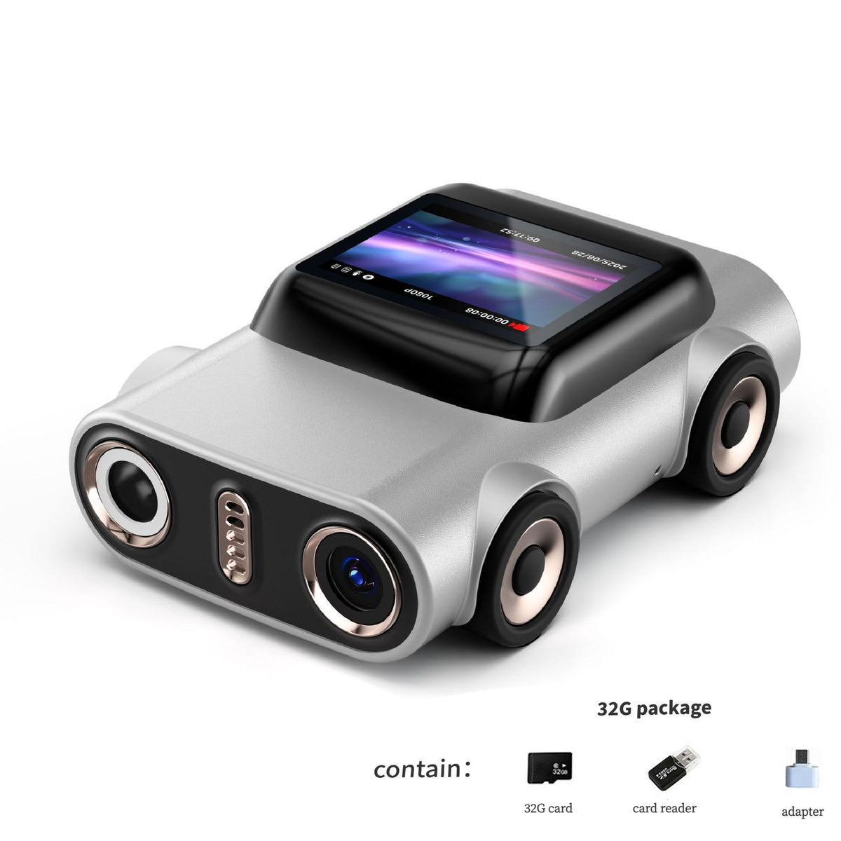 Creative Car-Shaped 2K HD Thumb Camera: Mini & Portable, Auto Focus, Clear in Low Light, Captures Every Wonderful Moment of Childhood and Life(G5 white 32 memory card）