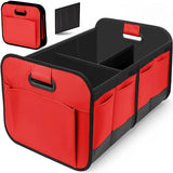 Red foldable car trunk organizer with reinforced handles and multiple compartments.