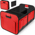 Red foldable car trunk organizer with reinforced handles and multiple compartments.