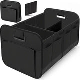 Black foldable car trunk organizer with reinforced handles and multiple compartments.