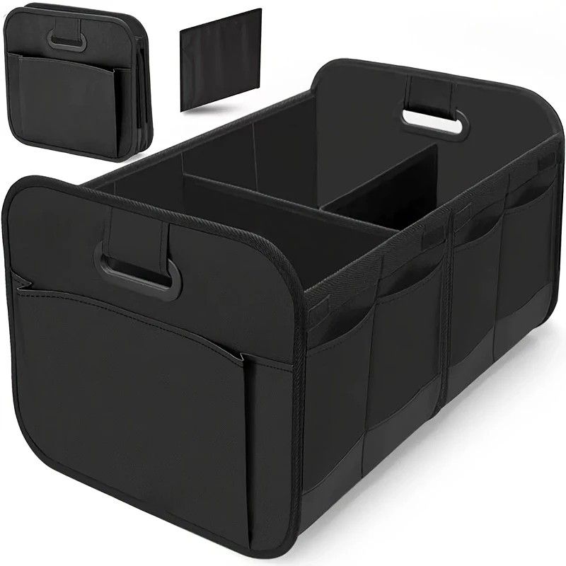 Black foldable car trunk organizer with reinforced handles and multiple compartments.