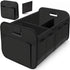 Black foldable car trunk organizer with reinforced handles and multiple compartments.