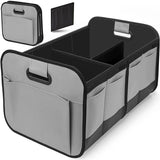Grey foldable car trunk organizer with reinforced handles and multiple compartments.