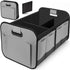 Grey foldable car trunk organizer with reinforced handles and multiple compartments.