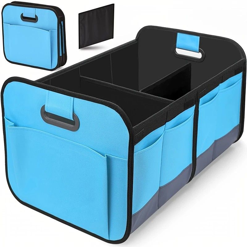 Blue foldable car trunk organizer with reinforced handles and multiple compartments.