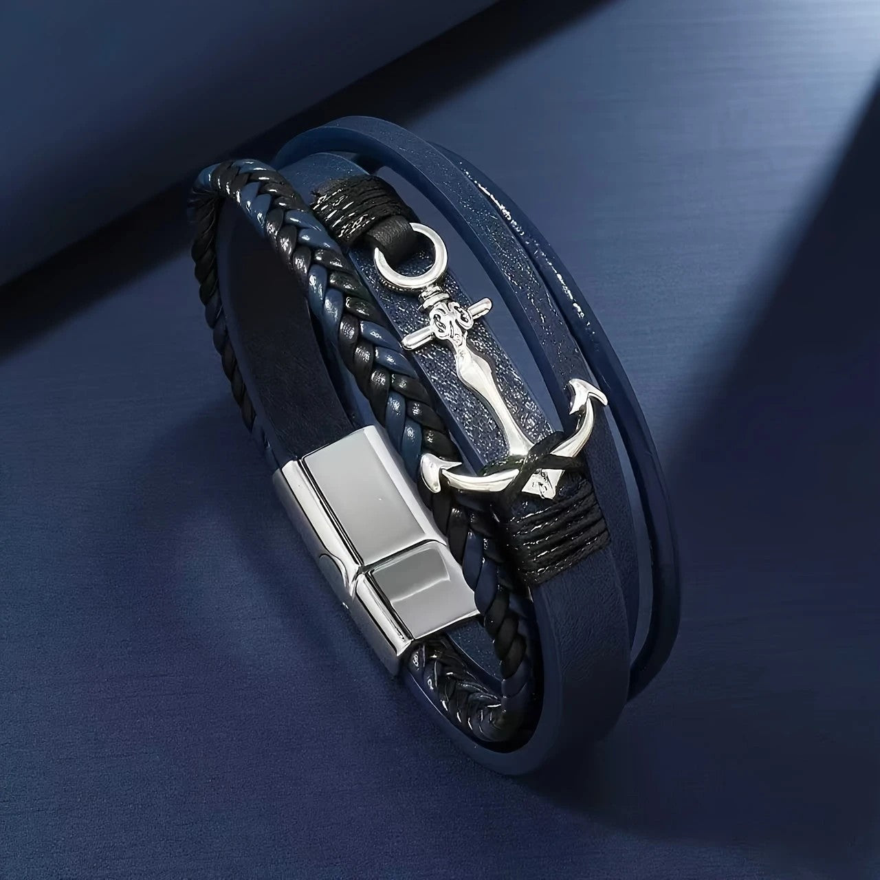 2PCS  Classic Unisex Vintage Anchor Bracelet – Faux Leather with Magnetic Clasp Design, Perfect for Festival and Party Style, Suitable for Teens.---BLUE