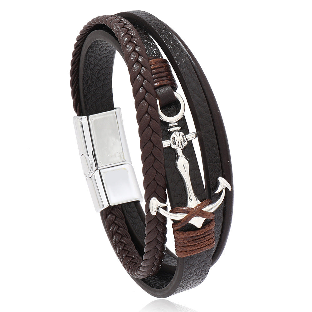 2PCS  Classic Unisex Vintage Anchor Bracelet – Faux Leather with Magnetic Clasp Design, Perfect for Festival and Party Style, Suitable for Teens.---BROWN