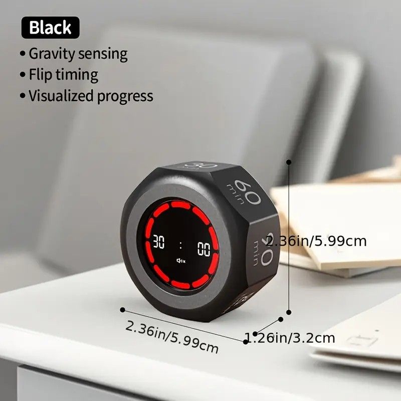 Flip to Start Timing, Efficiency Tool! 7 Presets + Visualized Progress, Gravity Sensor Timer, Universal for Study/Kitchen/Fitness/Baking（BLACK)