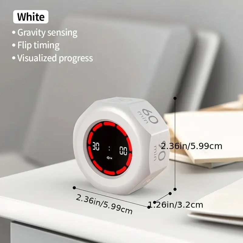 Flip to Start Timing, Efficiency Tool! 7 Presets + Visualized Progress, Gravity Sensor Timer, Universal for Study/Kitchen/Fitness/Baking(WHITE)