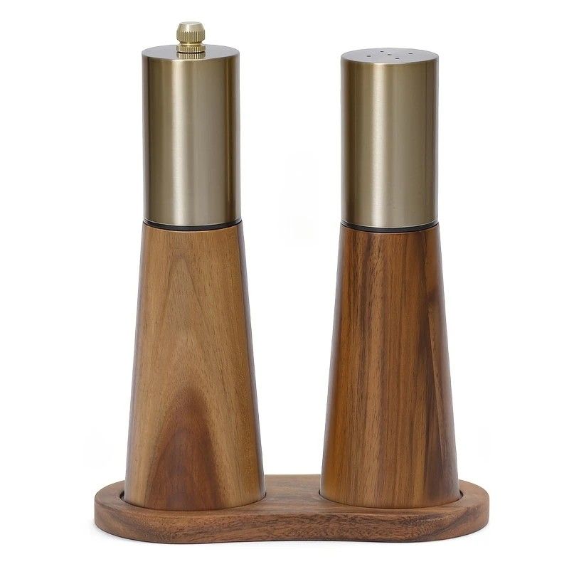 Salt and Pepper Grinder Set with Wooden Base Stainless Steel Manual Salt and Pepper Mills Adjustable Coarseness for Kitchen BBQ Picnic.golden
