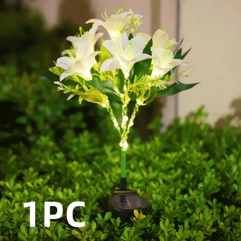 Seven Branch Solar Lily Light: Charges during the day, glows at night. Seven lilies bloom together, soft light flows like water through your garden./white