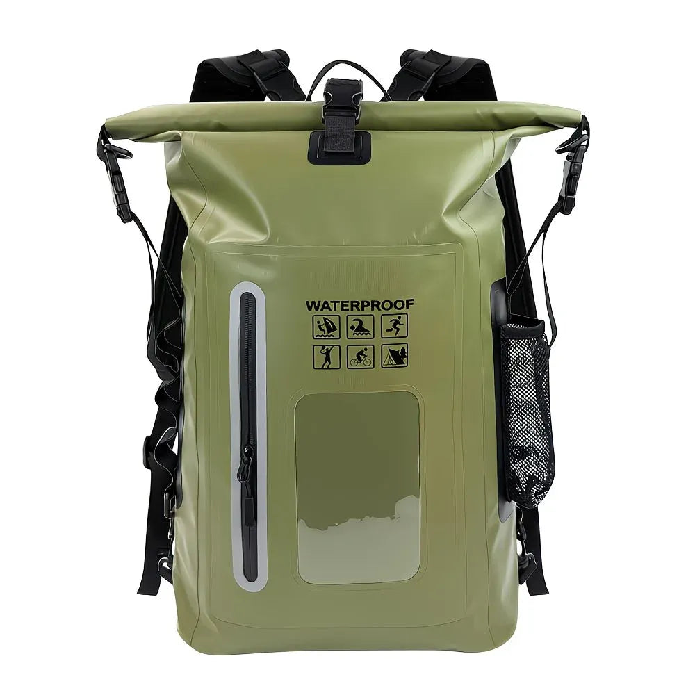 6.6 Gallon Outdoor Backpack, Detachable Shoulder Straps, Transparent Window & Buckle Clips, Suitable for Hiking, Beach Sports, Trekking and Rowing, Green, Portal Adventure Gear(pitch green)