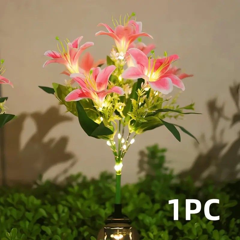 Seven Branch Solar Lily Light: Charges during the day, glows at night. Seven lilies bloom together, soft light flows like water through your garden./PINK