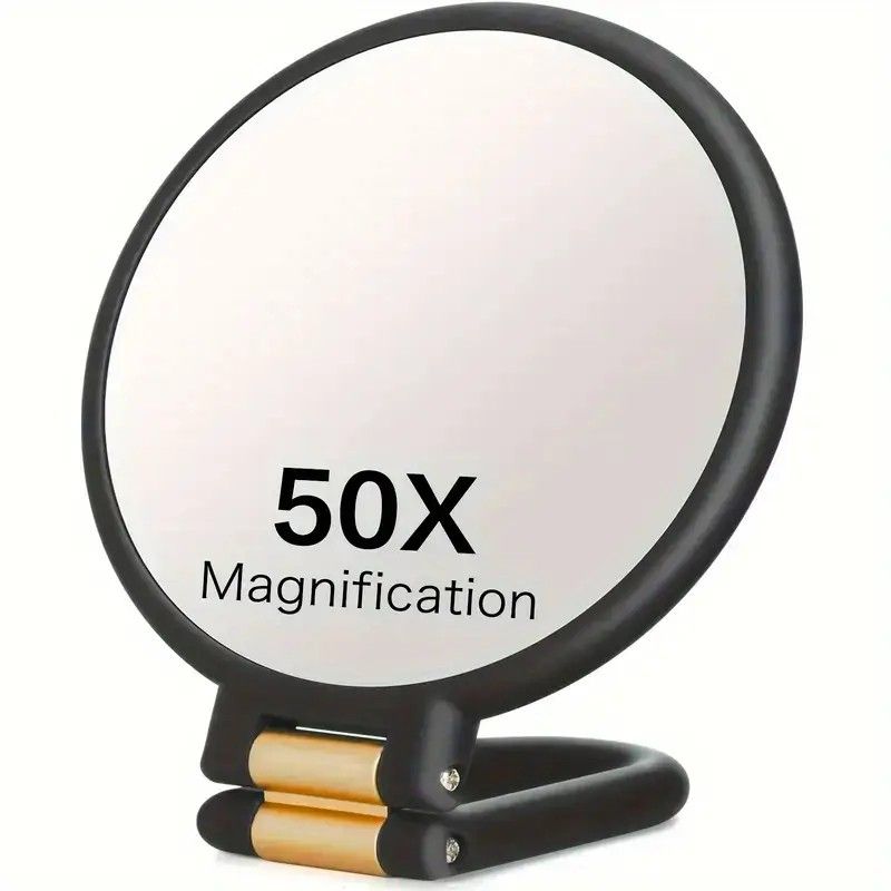 Double-sided Folding Makeup Mirror – 1X/50X Dual Magnification, 360° Rotatable and Foldable for Portability, Three Uses: Handheld, Desktop, Wall-mounted(black)