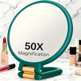 Double-sided Folding Makeup Mirror – 1X/50X Dual Magnification, 360° Rotatable and Foldable for Portability, Three Uses: Handheld, Desktop, Wall-mounted(GREEN)